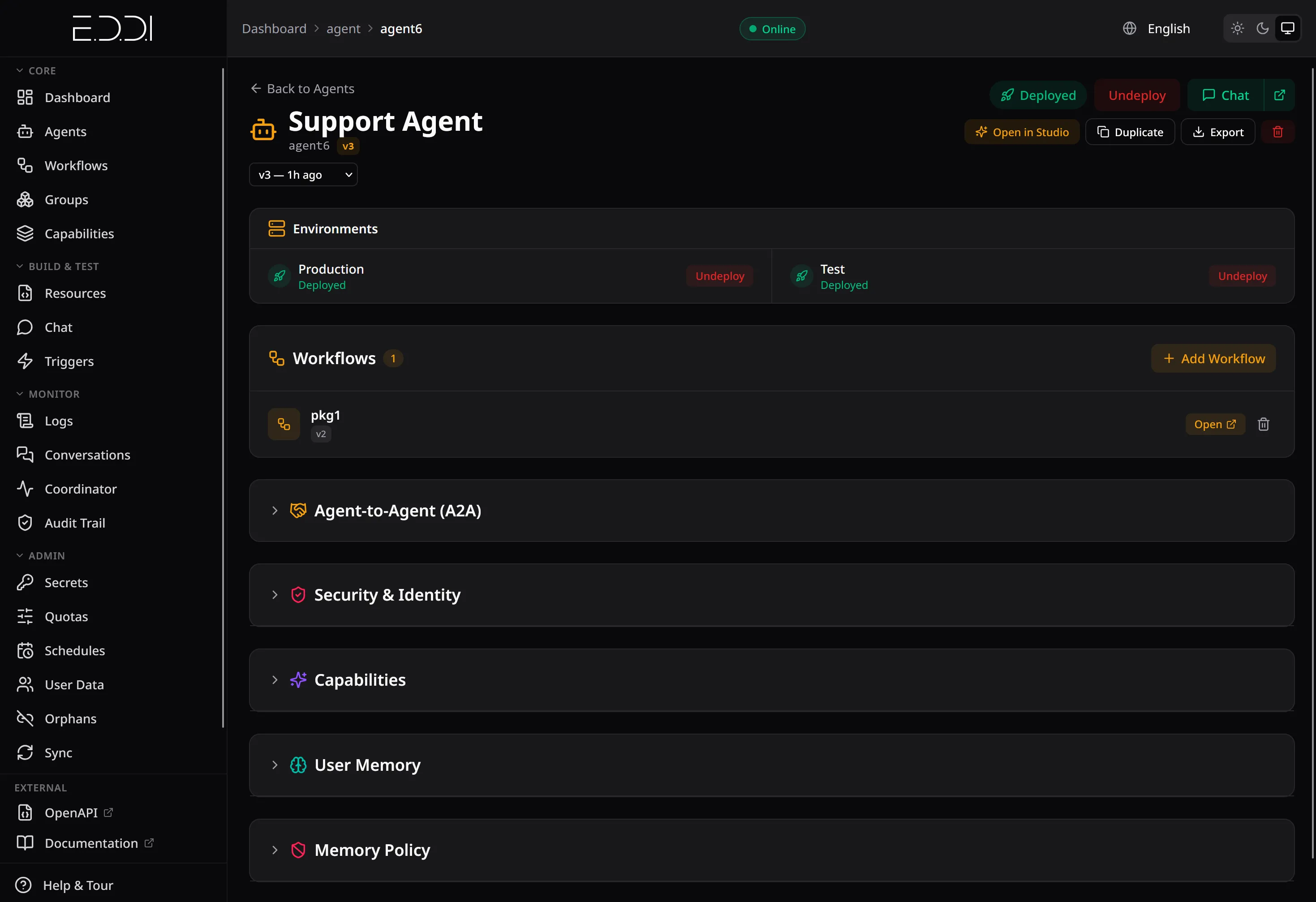 EDDI Manager: the detail page of an agent with its environments and workflow