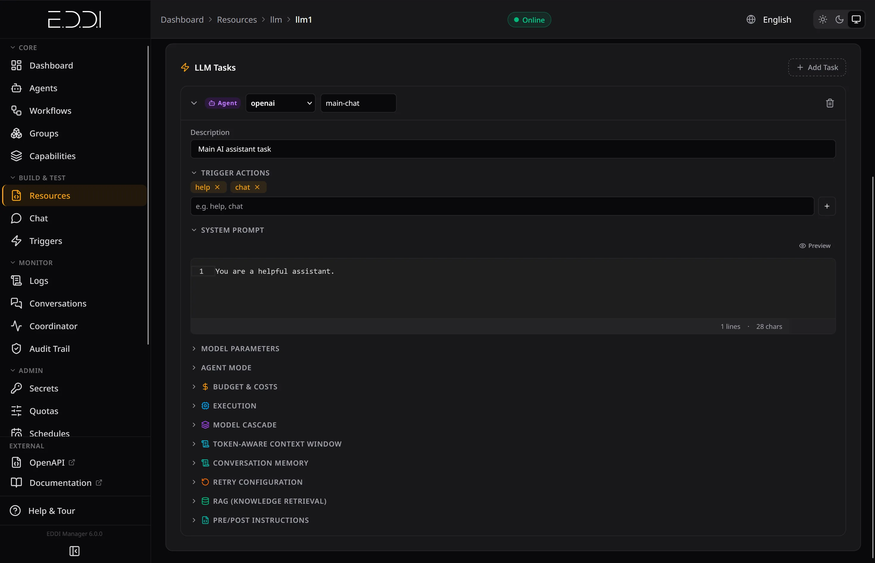 EDDI Manager: the LLM task editor with provider, trigger actions and system prompt