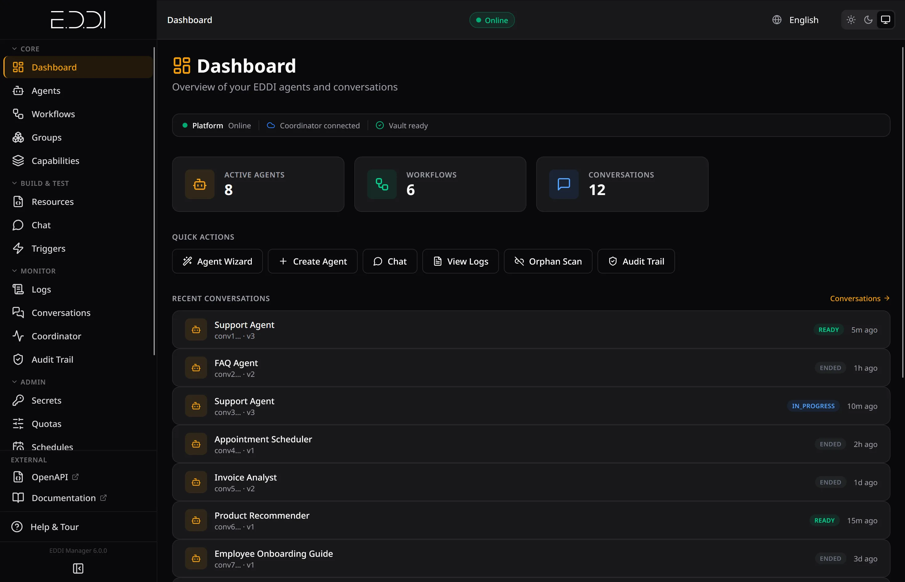 The dashboard: platform status, agents, workflows and recent conversations at a glance