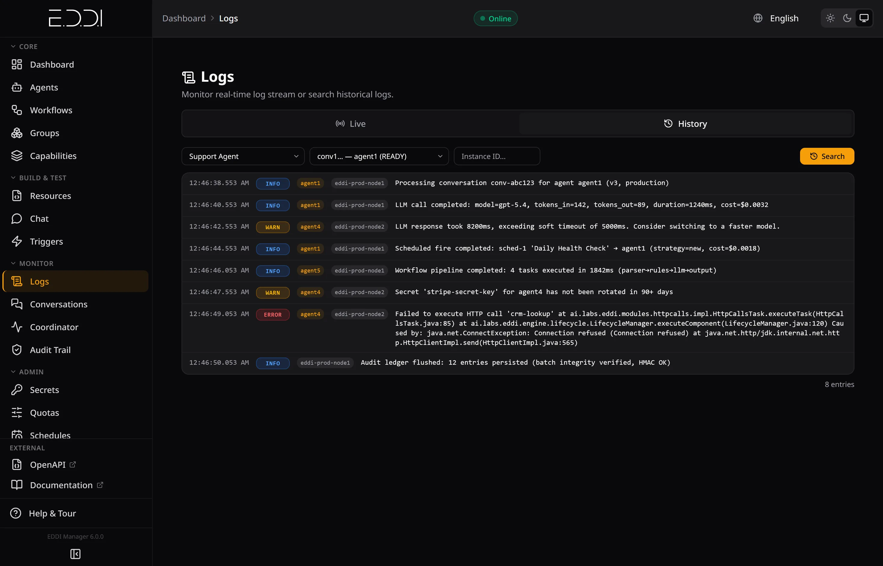 Pipeline logs for every conversation turn, streamed live