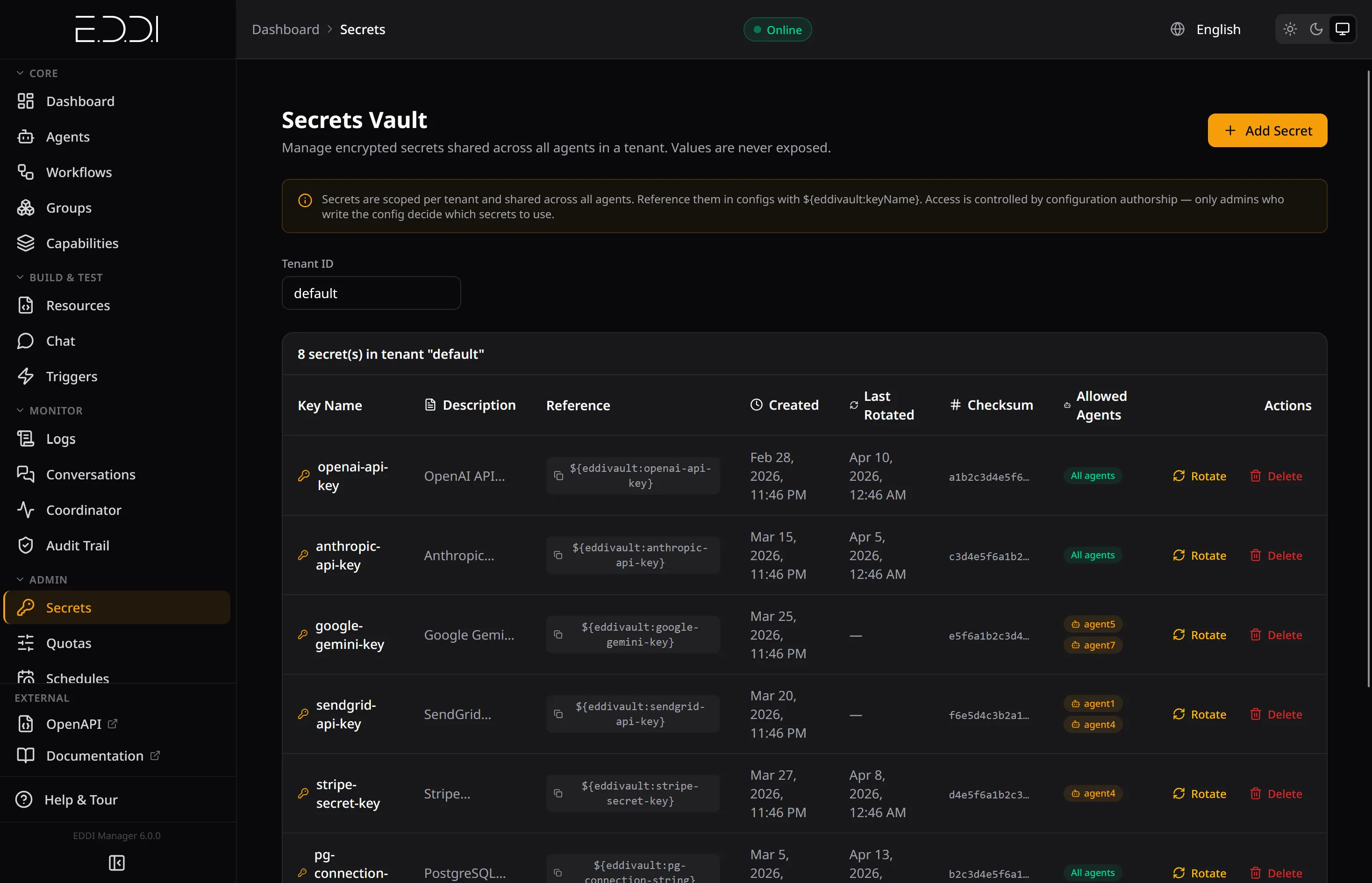 The Secrets Vault: keys are stored encrypted and referenced by name, never shown in full