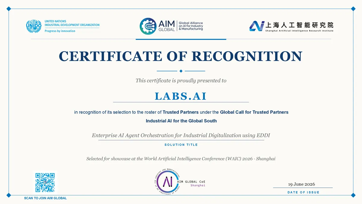 UNIDO मान्यता प्रमाण पत्र, LABS.AI को ग्लोबल साउथ के लिए औद्योगिक AI के विश्वसनीय साझेदार के रूप में चुना गया